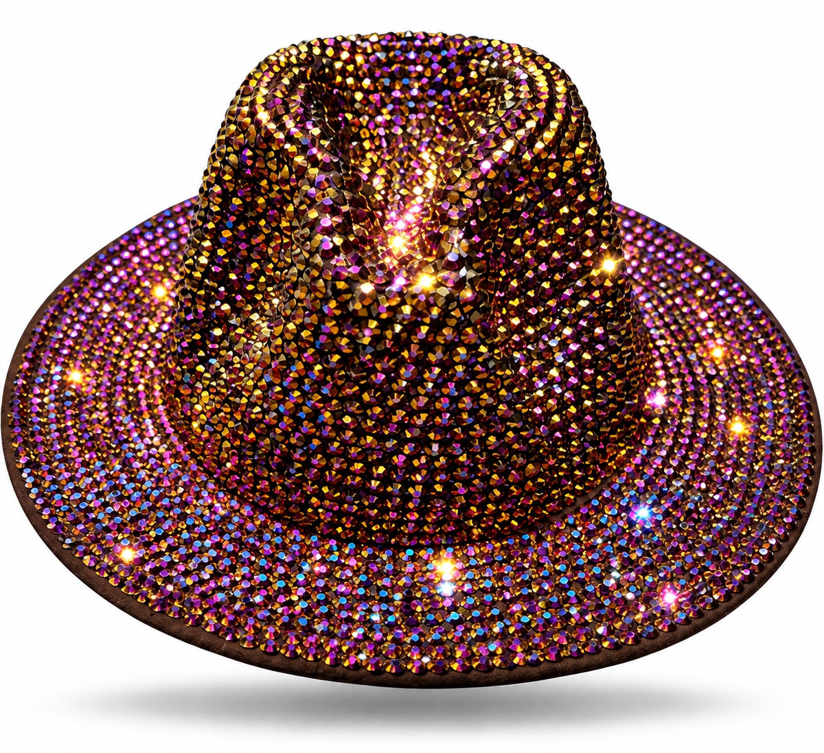 Bronze cowboy hat covered in iridescent rhinestones with a pinched crown and curved brim on a white background