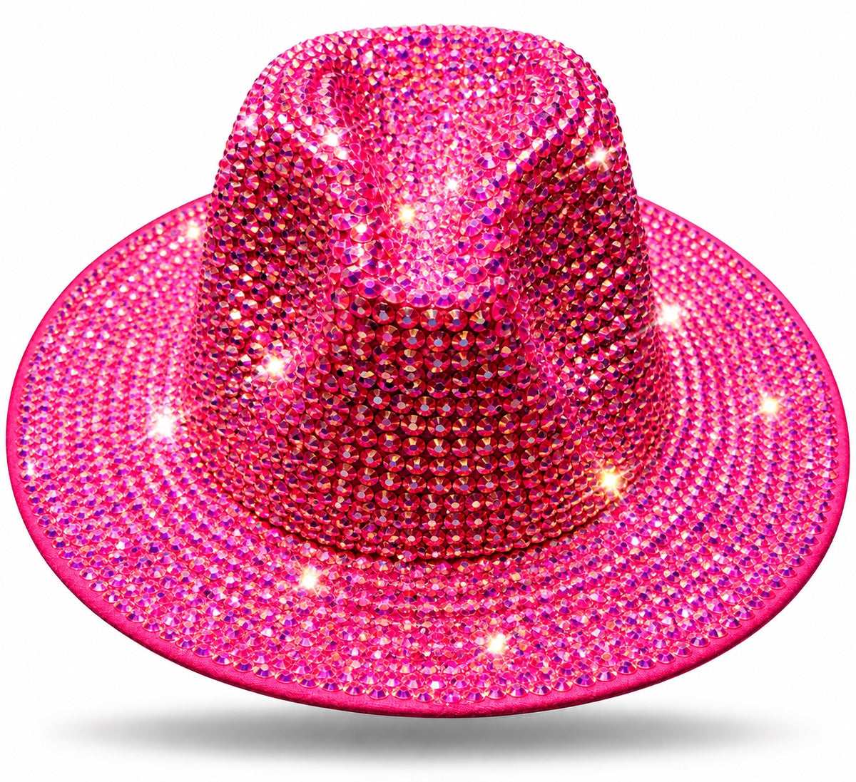 Hot Pink cowboy hat covered in iridescent rhinestones with a pinched crown and curved brim on a white background