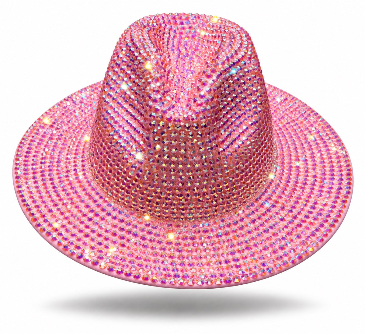 Pink cowboy hat covered in iridescent rhinestones with a pinched crown and curved brim on a white background