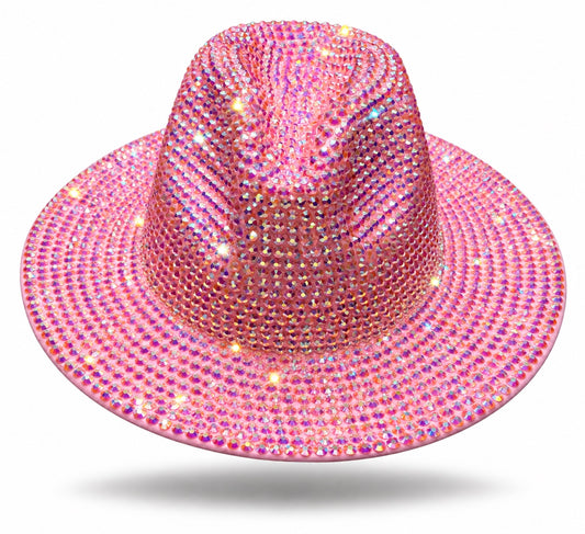 Pink cowboy hat covered in iridescent rhinestones with a pinched crown and curved brim on a white background